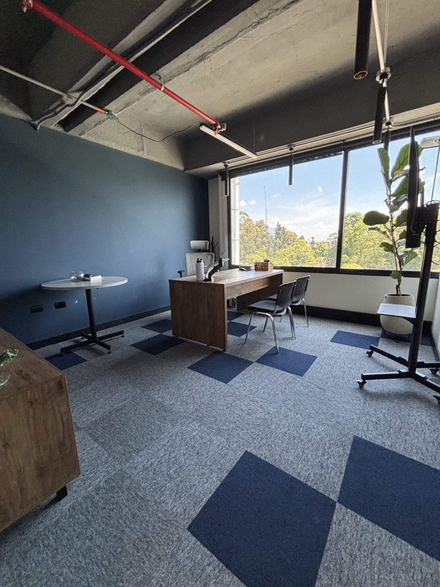 Alfombra modular Homoffiz en oficina corporativa con patrón geométrico azul y gris