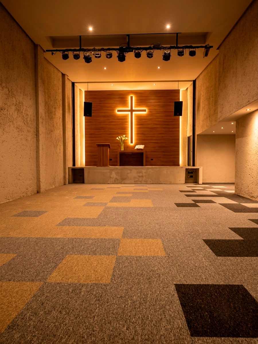 Auditorio de iglesia con alfombra modular Entry en patrón geométrico gris y ocre