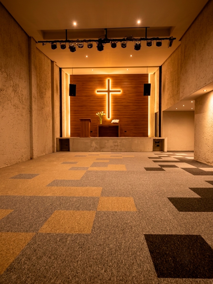 Iglesia con alfombra modular en mosaico de tonos mostaza, gris y negro