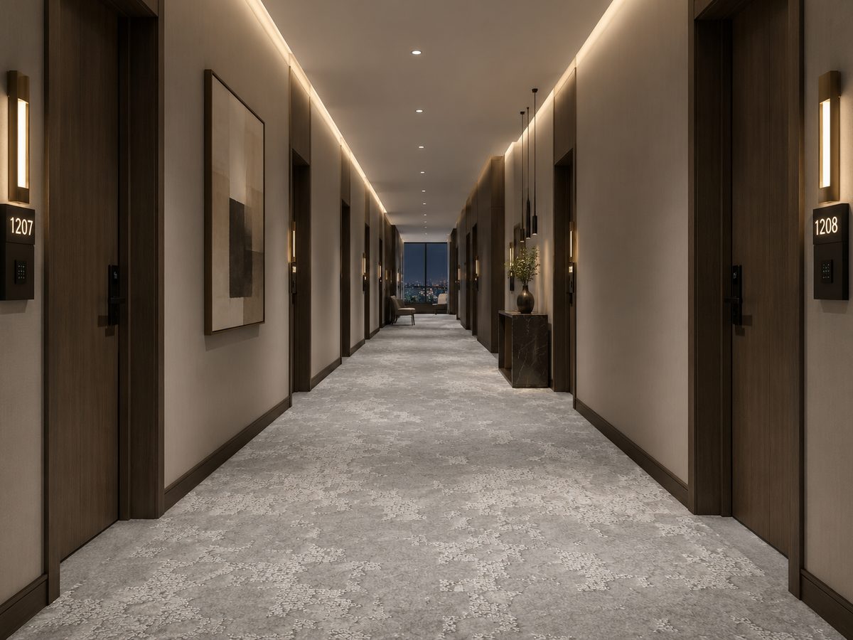 Render conceptual de sala de estar con alfombra en rollo Aspiration, no es una instalación real