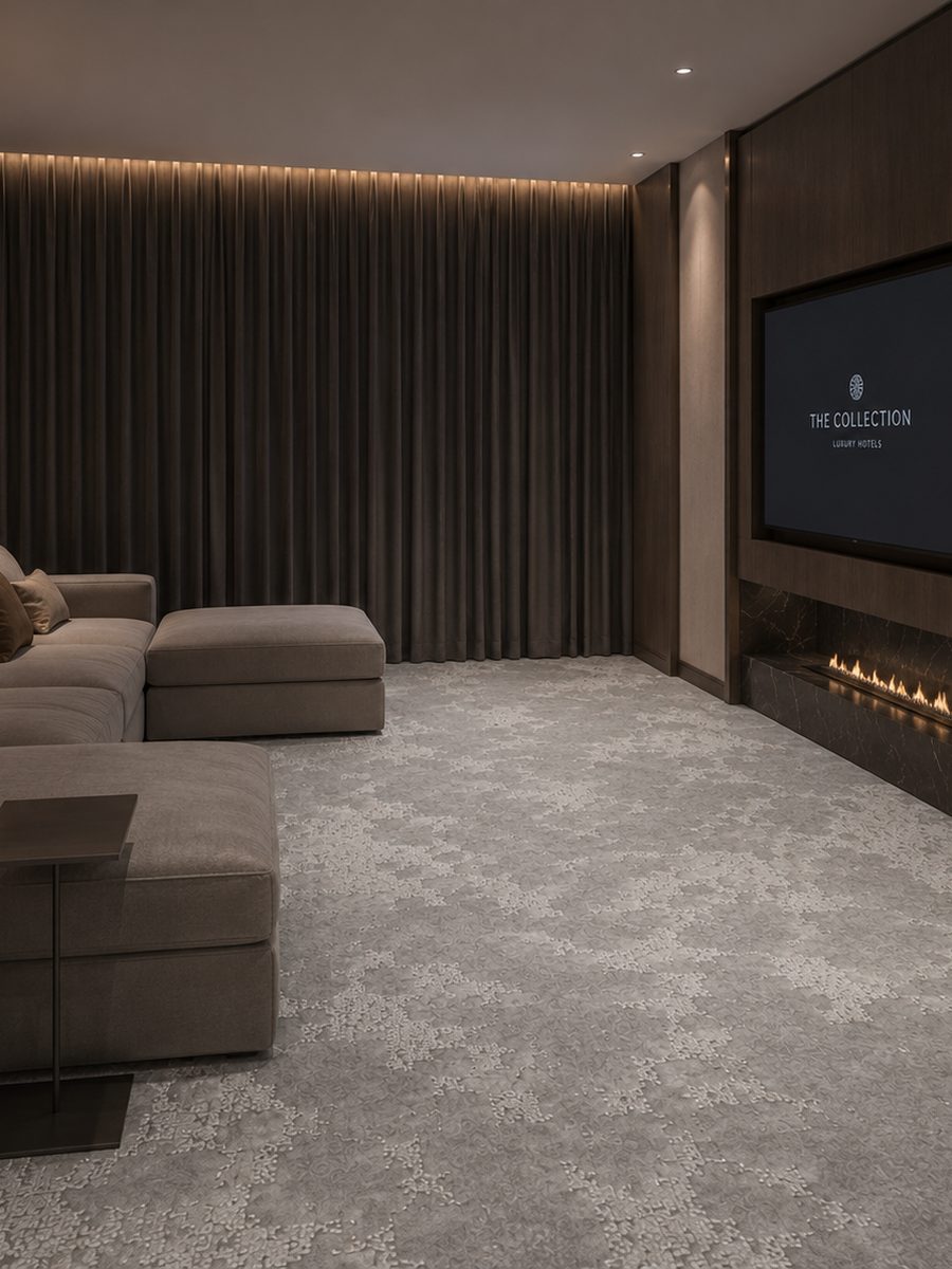 Render conceptual de sala multimedia con alfombra en rollo Aspiration, no es una instalación real